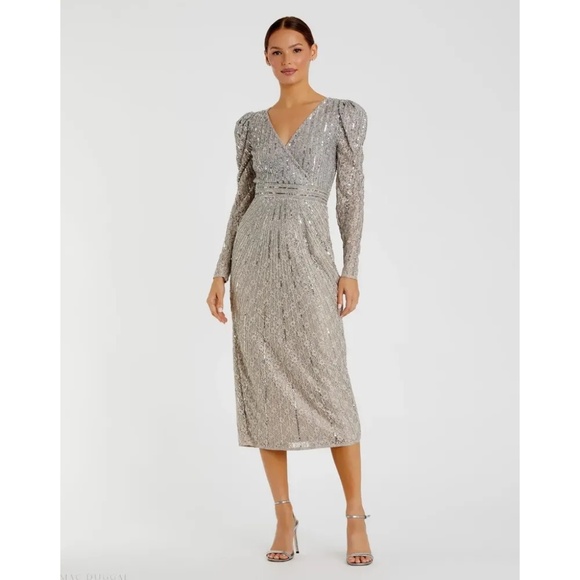 NWT Mac Duggal Beaded Lace Long Sleeve Midi Dress - size 0 - Picture 1 of 8
